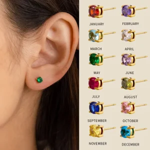 X266 12 Birthstone Colorful 5mm Zircon 18k Gold Plated Stainless Steel Stud Earrings Jewelry For Women