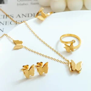 XIXI 18k Gold Plated Jewelry Frosted Butterfly Pendant Stainless Steel Necklace Earrings Ring Bangle Women Fashion Jewelry Sets