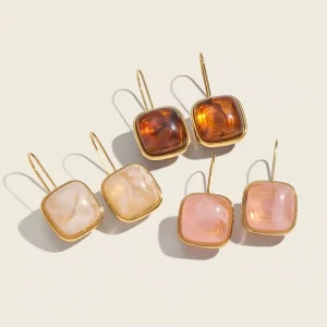 X&L Elegant Amber Resin Square Drop Earrings for Women 18K Gold Plated Stainless Steel Daily Versatile Fashion Jewelry