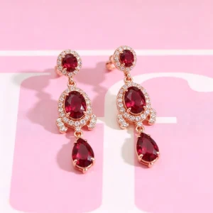 XNEBB065-DA Red Gemstone Drop Dangle Stud Earrings with Triple Clear Crystal Halo Vintage Bridal Wedding Jewelry