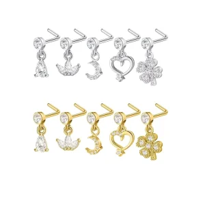 Xinfocus Heart Moon Dangle Nose Piercing L Shaped Stainless Steel Nose Stud Ring Fashion Body Jewelry for Women Men