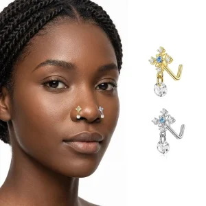 Xinfocus New Design Gold Plated Crystal Dangle Nose Rings L Shaped Nose Piercing Fashion Body Jewelry for Women Men