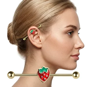 Xinfocus New Trendy Design Ear Piercing Stainless Steel Strawberry Industrial Barbell Fashion Body Jewelry Scaffold Piercing