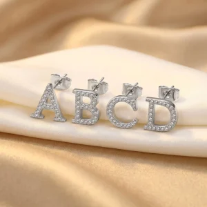 Xinyashang 5A Cubic Zirconia Diamond Initial Name Plate Stud Earrings 316 Stainless Steel Letter Earrings Women’s Trendy Jewelry