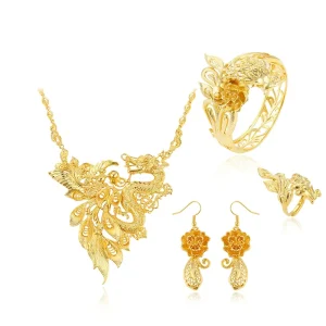 Xuping Jewelry 24k Gold Plated Jewelry Set Bride Chinese Phoenix Dragon 4 PCS Wedding Jewelry Set for Women