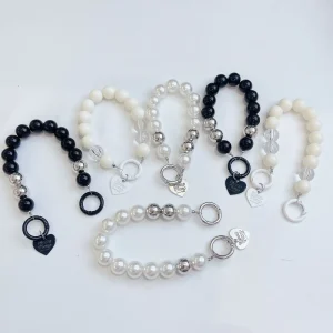 Y2K Acrylic Plastic Pearl Keychain Anti Lost Wristlet Strap Chrome Silver Bead Keyring Cute Heart Charm Phone Wrist Lanyard