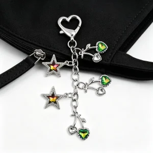 Y2K Aesthetic Star Cherry Keychain Bling Gradient Rhinestone Key Ring for Women Cute Bag Charm Accessory