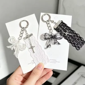 Y2K Black Lace Ribbon Keychain Cross Bow Ins Style Bag Charm
