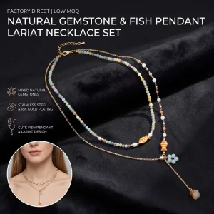Y2K Dopamine Lariat Cute Fish Pendant Natural Stone 18K Gold Plated Adjustable Beaded Boho Beach Necklace Women