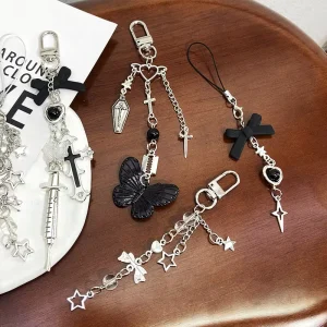 Y2K Fashion Keychain for Girls Black Metal Keyring With Heart Cross Charm Cute Bag Accessories for Teen Girls