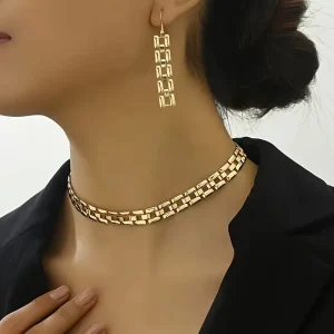 Y2K Gold Glossy Strap Metal Chain Choker Necklace Versatile Fine Jewelry to Match with Earring Sets
