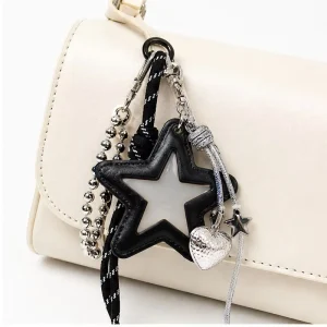 Y2K Star Hollow Leather Bag Charm Keychain with Heart Pendant Bead Chain Rope Tassel Purse Pendant Accessories