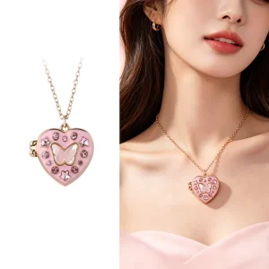 Y2K Style Pink Heart Locket Necklace with Butterfly Openable Photo Holder Necklace Cute Gift for Girls