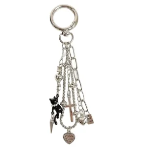 Y2K Sweet and Cool Multi layer Chain Keychain Hanging Chain Black Cat Cross Bag Charm
