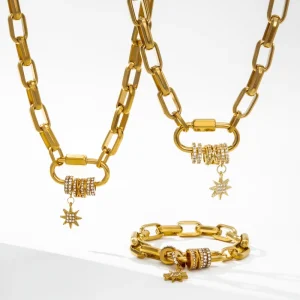 YF3677 Waterproof Jewelry 18k Gold Plated Chunky Chain Carabiner Necklace Stainless Steel Pave Zircon Charm Necklace