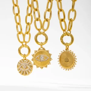 YF5103 Fashion Jewelry Waterproof 18K PVD Gold Plated Stainless Steel Splicing Chain Geometry Sun Eye Zircon Pendant Necklace