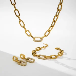 YF5144 Fashion Jewelry 18K Gold Plated Stainless Steel Thick Caper Clip Chain Cubic Zirconia Charm Bracelet Necklace Earring Set