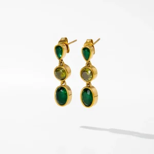 YF8454 Fashion 18K Gold Plated Waterproof Stainless Steel Teardrop Long Emerald Zircon Stud Earrings for Women