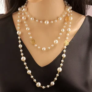 YH021 Fashion Hollow Flower Pearl Necklace Women Multi Layers Pearls Long Style Necklace Jewelry