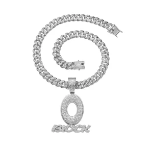 YJ10 6410 Men’s Trendy Alloy Pendant Necklace Hip Hop Full Drill O Letter Street Style Chic Cuban Chain Choker Oblock Necklace