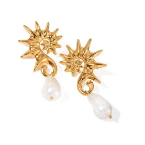 YW Fashion 18k Gold Stainless Steel Seahorse Pendant Earrings Trendy Irregular Pearl Jewelry for Women