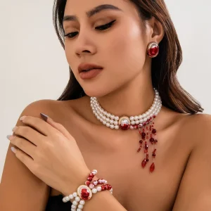 YW Fashion Beaded Necklace Halloween Imitation Pearl Collar Retro Gothic Style Jewelry Set for Women