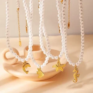 YW Pearl Necklace Beach Vacation Seahorse Conch Squid Pendant Accessory Collarbone Chain