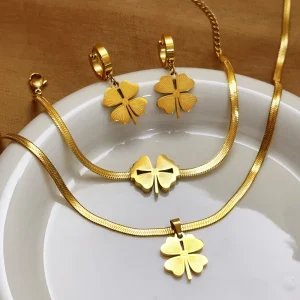 YWXS Fashion Jewelry Sets Stainless Steel Four Leaves Charm Simple Leaf Necklace Bracelet Earring Suit for Women’s