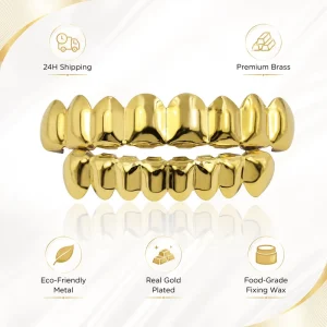 YYN 14K Gold Plated Environmental Brass Dental Grills Full Zircon Iced Out Top Bottom Teeth Grillz Set for Men