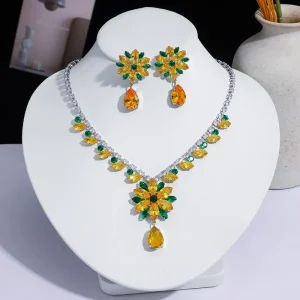 Yellow Crystal Fashion Necklace Earring Set Tarnish No Fade Costume Jewelry