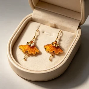 Yellow Ginkgo Leaf Earrings, Hand-Embroidered Mulberry Silk, 925 Sterling Silver & Zircon, Bohemian Ethnic Fashion Jewelry