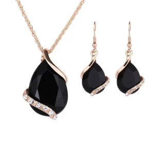 Yi Sugar Fashion Gold Plated Costume Jewelry Set Red Blue Gemstone Water Drop Pendant Necklace Earrings Jewelry Set