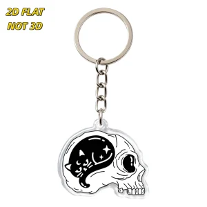 Yin Yang Cat & Acrylic Keychain Black Cat with Stars Inside White Outline Gothic Cute Design with Metal Ring