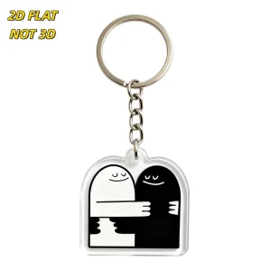 Yin Yang Ghosts Hugging Acrylic Keychain Cute Black and White Spirit Duo Charm Clear Plastic with Metal Ring and Chain