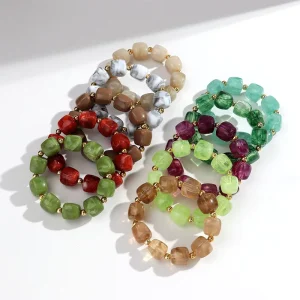 Yiwu Factory Handmade Jewelry Beaded Bracelet Colorful Marble Color Gold Ball Acrylic Stretch Bracelet for Women Girls