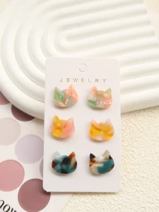 Yiwu Supplier Women’s Marbled Cat Stud Earrings, Nickel-Free Acrylic and Acetate, Multi-Color Set