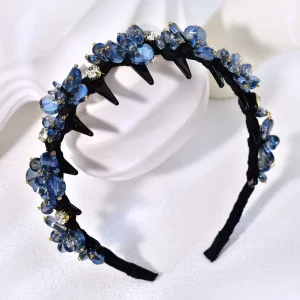 YouLaPan Fashion Viral Sapphire Floral Rhinestone Headband Handmade Dark Blue Crystal Flower Bridal Hair Crown Wedding Accessory