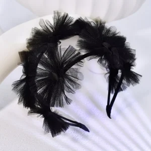 YouLaPan Premium Matte Black Tulle Flower Wide Headband Hand Sewn Mesh Floral Design Evening Gown Matching Hair Accessory A436