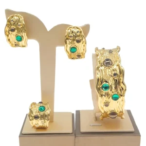 Yulaili Dubai 24k Engagement Gifts Green Color Stone Jewelry Sets Nigerian Wedding Woman Accessories Fashion Bangle Ring Set