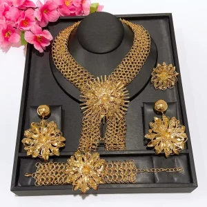 Yulaili Elegant Charm Hollow Flower Huge Jewelry Set Statement Popular Necklace Armband Earrings Ring Party Jewel Set