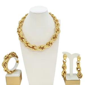 Yulaili New Dubai Gold Plated 3Pcs Jewelry Set Chunky Braided Twist Link Necklace Earrings Bracelet for Women Wedding Party