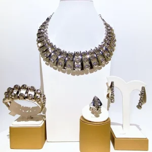 Yulaili Platinum Plated 4Pcs Jewelry Set Textured Bead Bib Necklace Earrings Bracelet Ring for Women Wedding Party