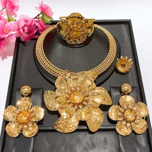 Yulaili Simple Elegant Huge Flower Jewelry Set Stunning Textured Fine Choker Necklace Armband Earrings Ring Party 4PCS Jewel Set