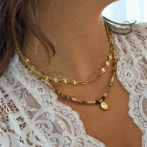 ZM Fashion European American Fashion Geometric Tiger Eye Stone Natural Stone Glass Crystal Beaded Necklace Accessories Women’s