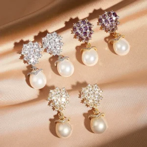 ZPE1907 High Quality Luxury Engagement Micro Paved Tear Drop Fancy Elegant Pearl Dangle Bride Fashion Stud Earrings
