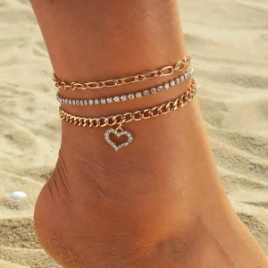 ZYO Custom Waterproof Summer Fashion Jewelry Gold Plated New Design Tennis Chain Heart Cuban Chain Anklet for Women Jewelry