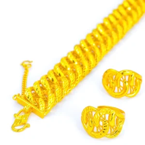 Zhenheng24k Trendy 20mm Zircon Geometric Pattern Unisex Ring Bracelet Set for Wedding Gifts Festivals Symbolism of Fortune