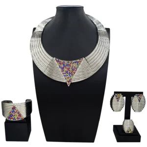 Zhuerrui 4Pcs Multi Color Crystal Statement Jewelry Set Collar Necklace Bracelet Earrings Ring for Women I00018