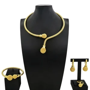 Zhuerrui African Trend Gold Rope Chain Drop Ball Jewelry Set Matching Necklace Earrings Bangle Ring Wedding Ornament HS2607525