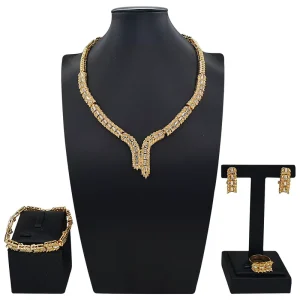 Zhuerrui Alloy Gold Plated Baguette Zircon V Shape 4Pcs Jewelry Set Women Wedding Evening Dress Matching Jewellery HB03314